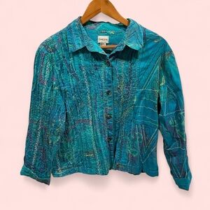 Chico’s aquamarine distressed rainbow embroidery light jacket chunky buttons